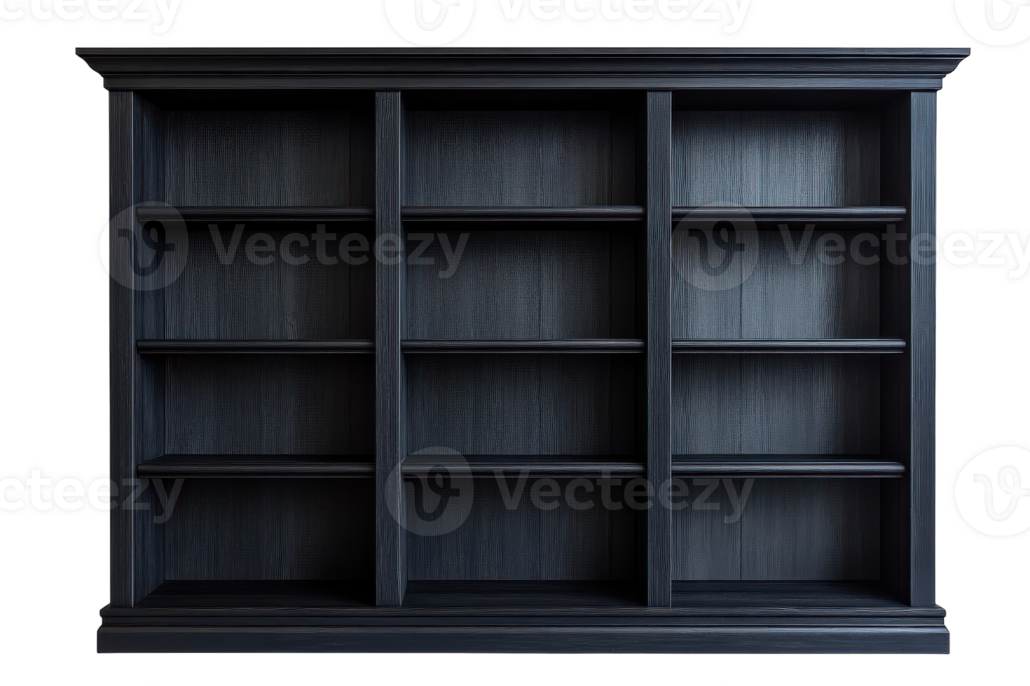 Modern black wooden bookshelf with empty shelves positioned against a plain background png