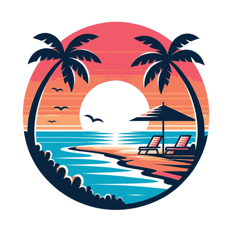 Tropical beach with palm trees and sun vector