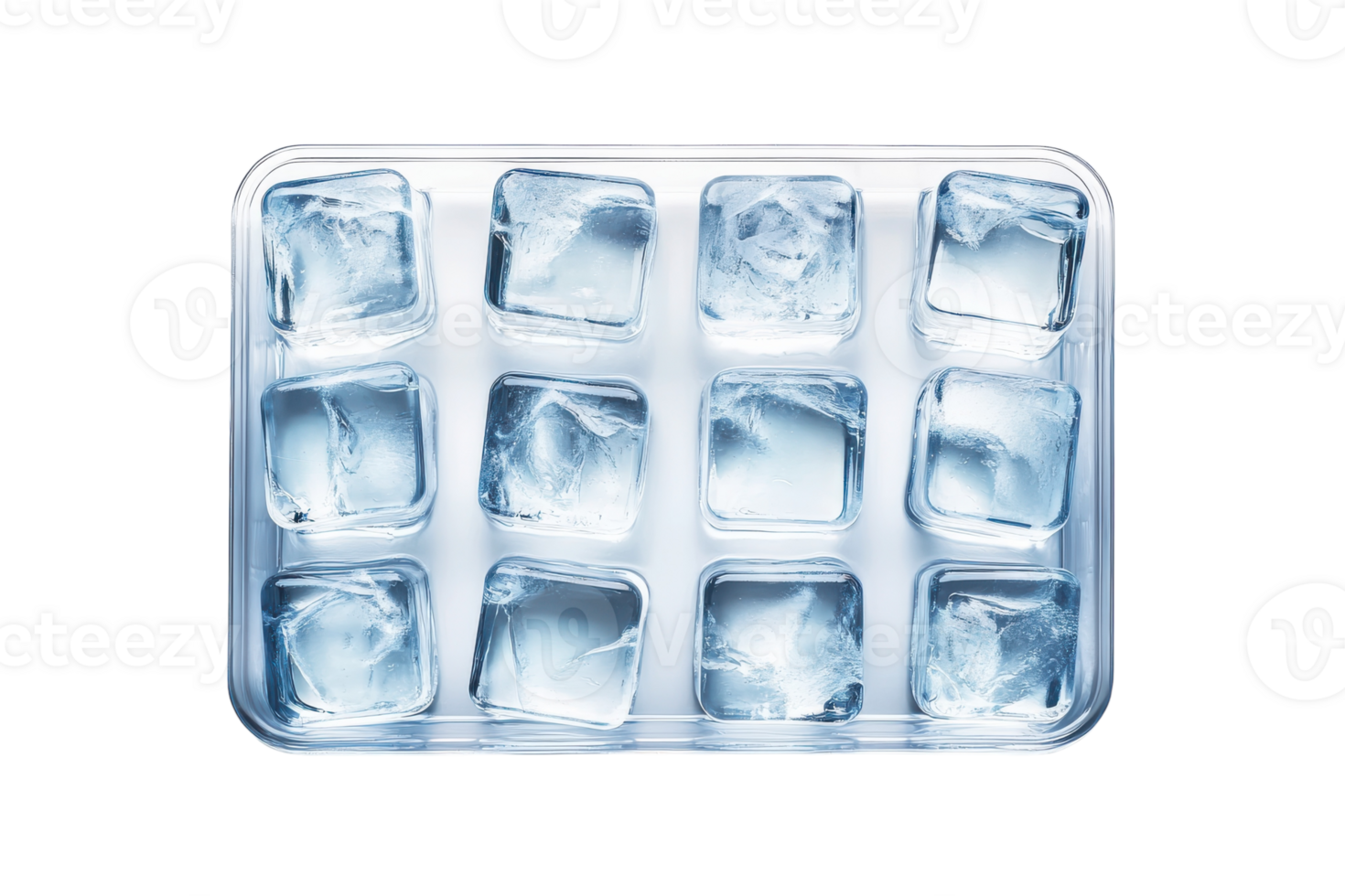 Clear ice cubes in a tray ready for drinks in a warm kitchen on a sunny afternoon png