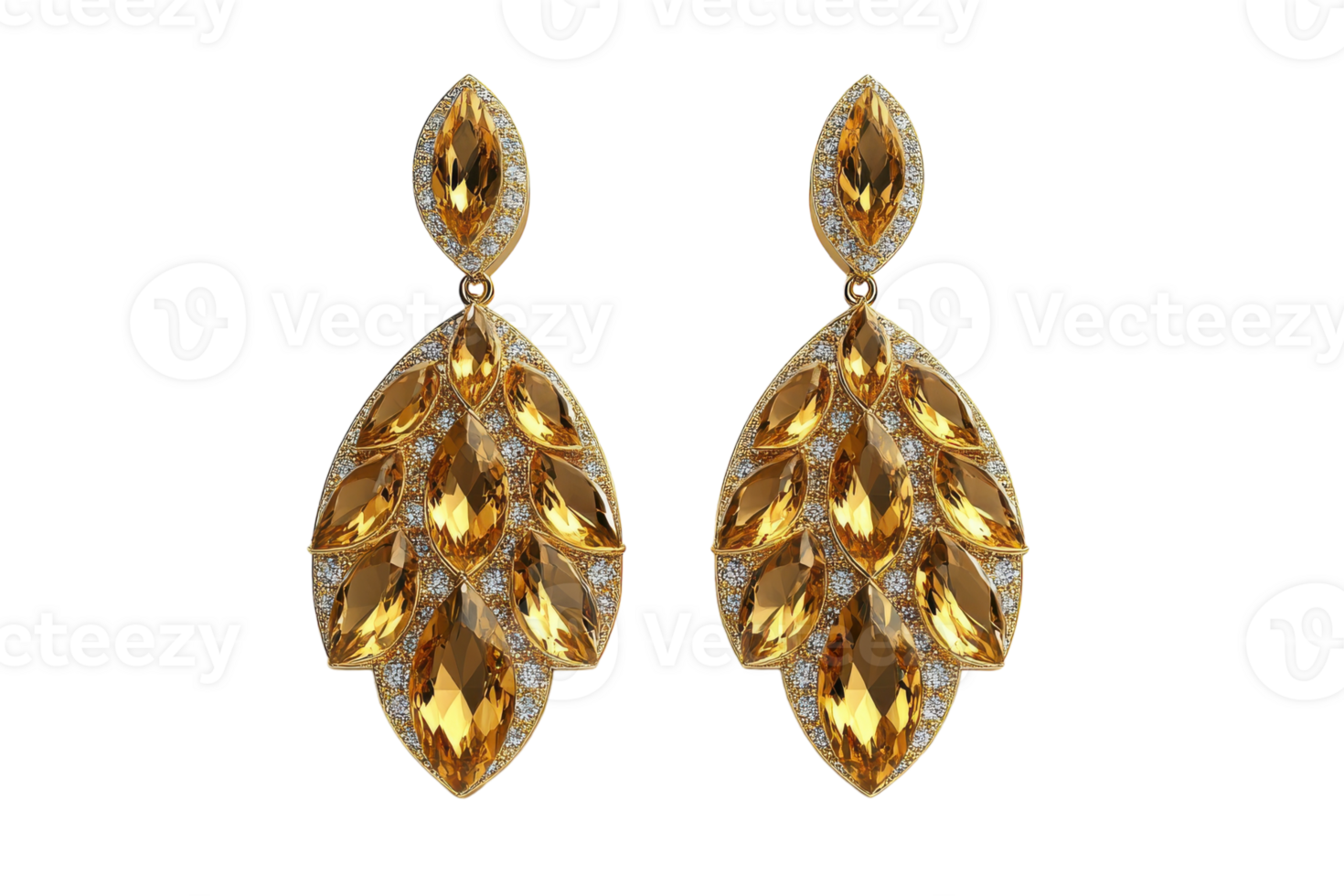 Elegant gold and yellow gemstone earrings showcasing intricate leaf design with sparkle png