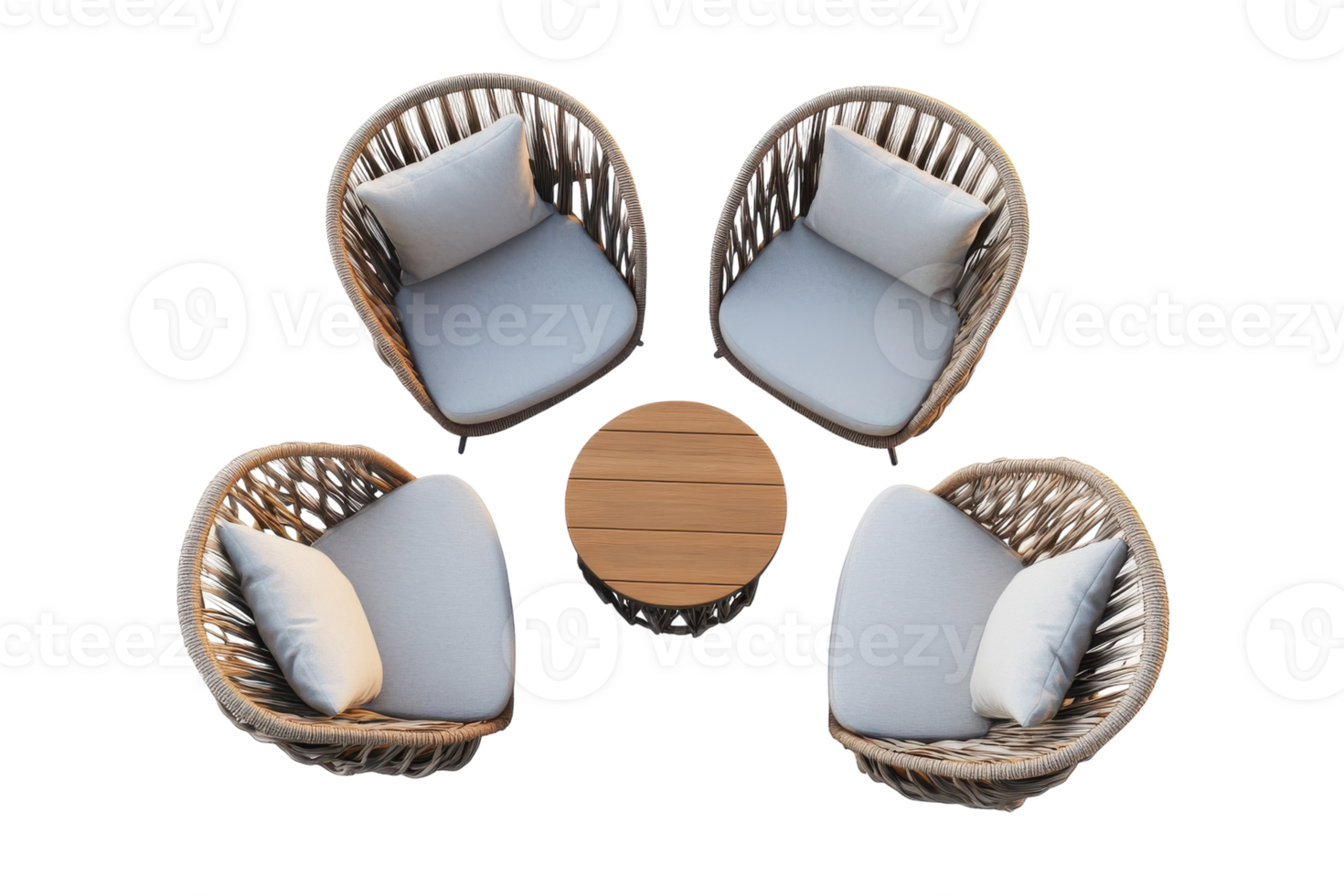 Modern outdoor seating arrangement with four rattan chairs and a round wooden table png