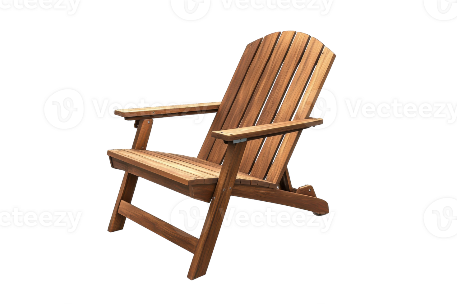 A classic wooden Adirondack chair positioned in a sunlit garden for relaxation and enjoyment png