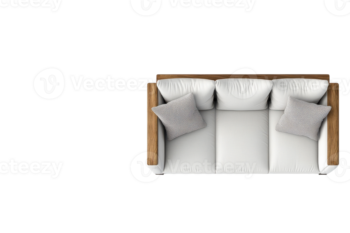 Modern white sofa with wooden arms and cushions arranged neatly in a bright interior space png