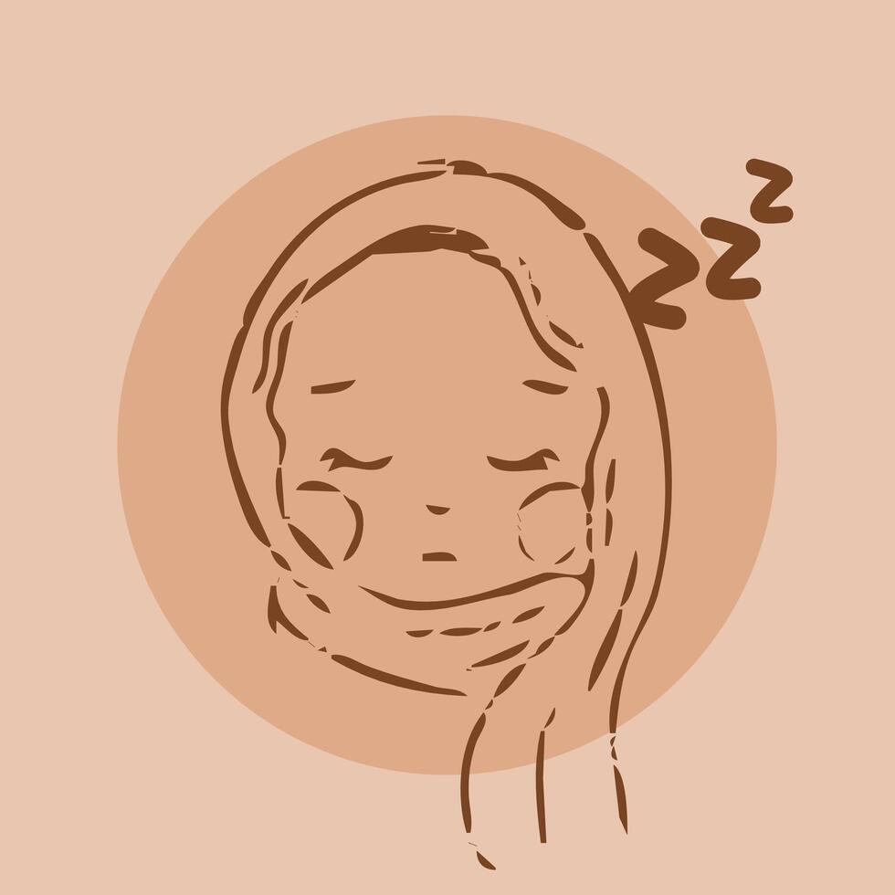 Cartoon sketch style on brown set featuring a hijab-wearing girl with sleep expression vector