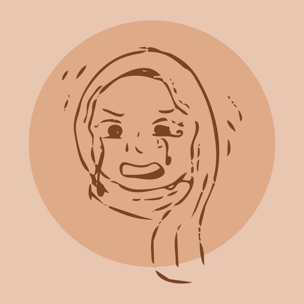 Cartoon sketch style on brown set featuring a hijab-wearing girl with sad expression vector