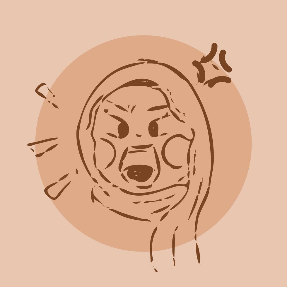 Cartoon sketch style on brown set featuring a hijab-wearing girl with angry expression vector