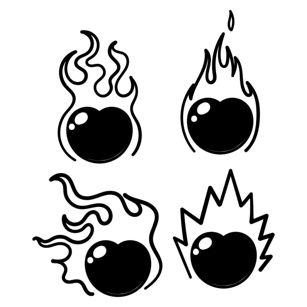 four black and white cartoon heart with flames vector