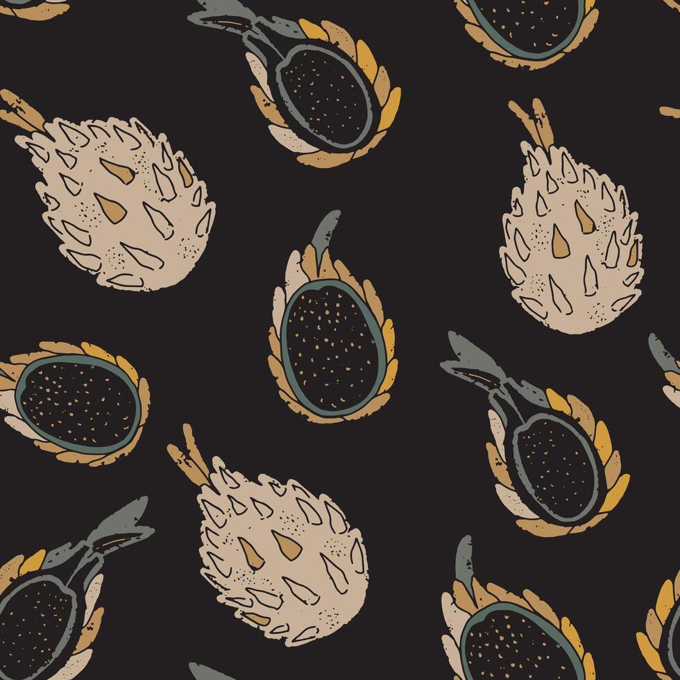 a pattern with fruit and leaves on black vector
