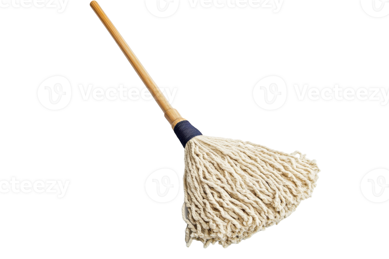 Simple cotton mop with wooden handle for cleaning floors in residential spaces png