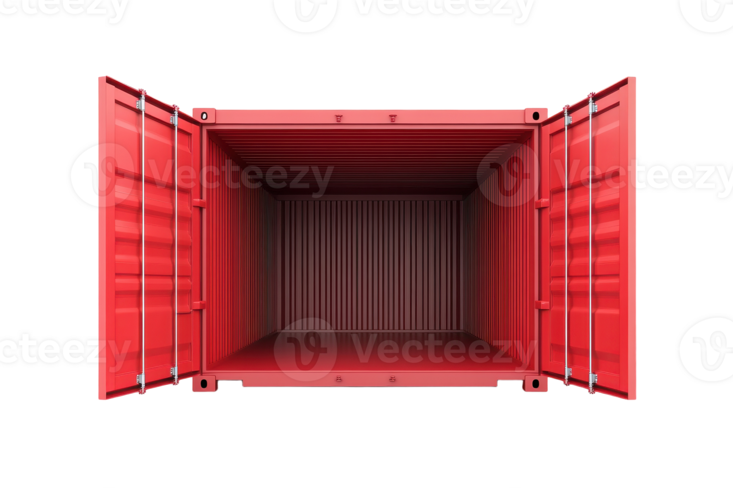 An empty red shipping container with open doors located indoors ready for storage or transport png