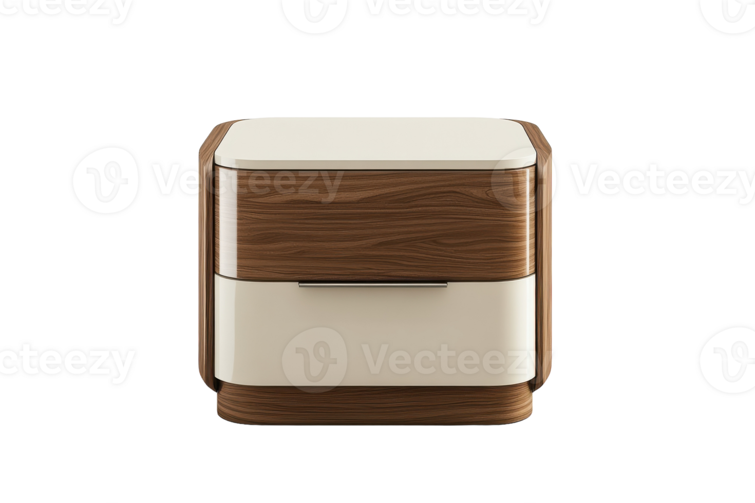 Modern bedside table with wood finish and sleek design in a contemporary bedroom setting png