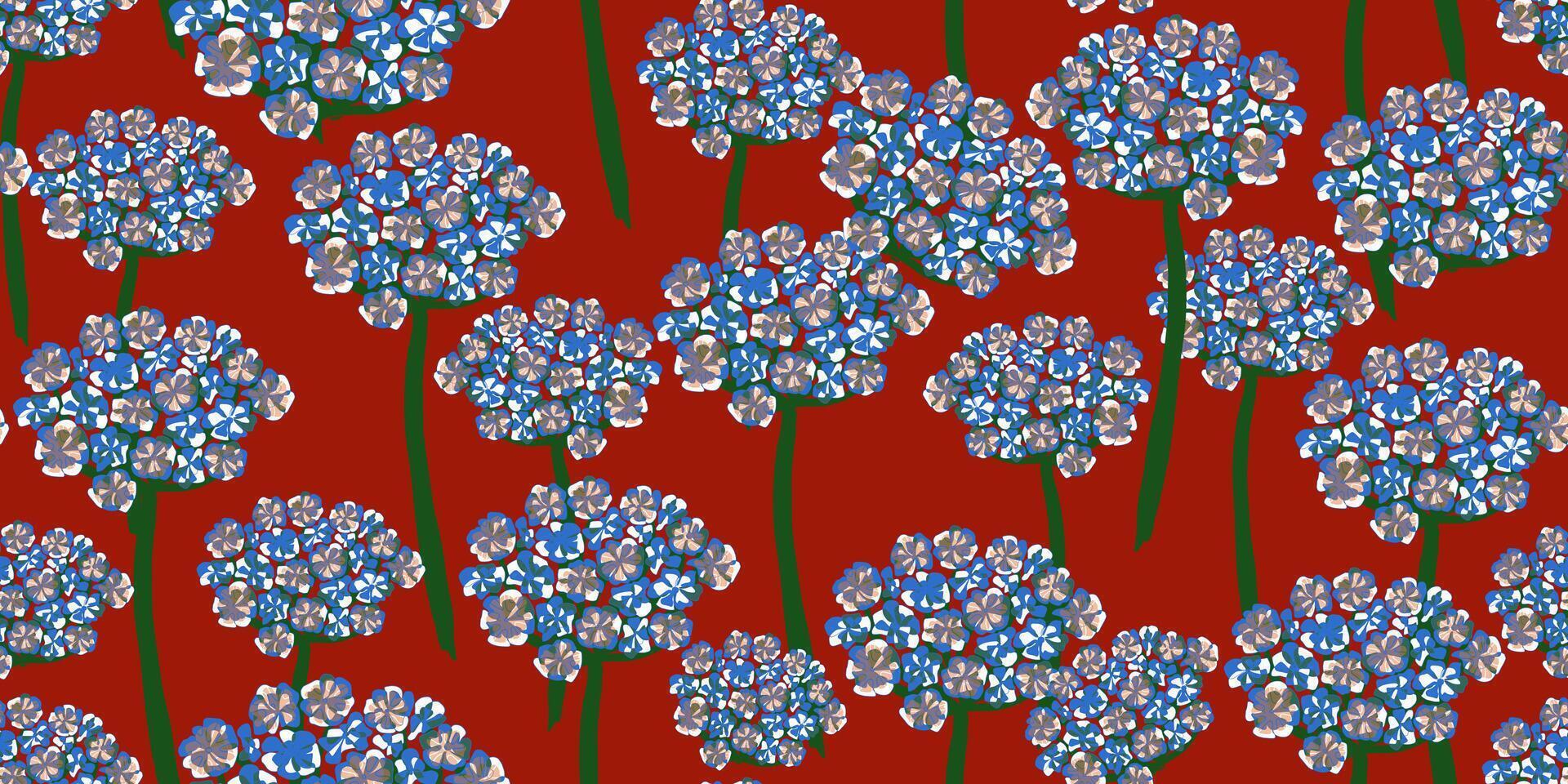 a pattern with blue flowers on a red background vector