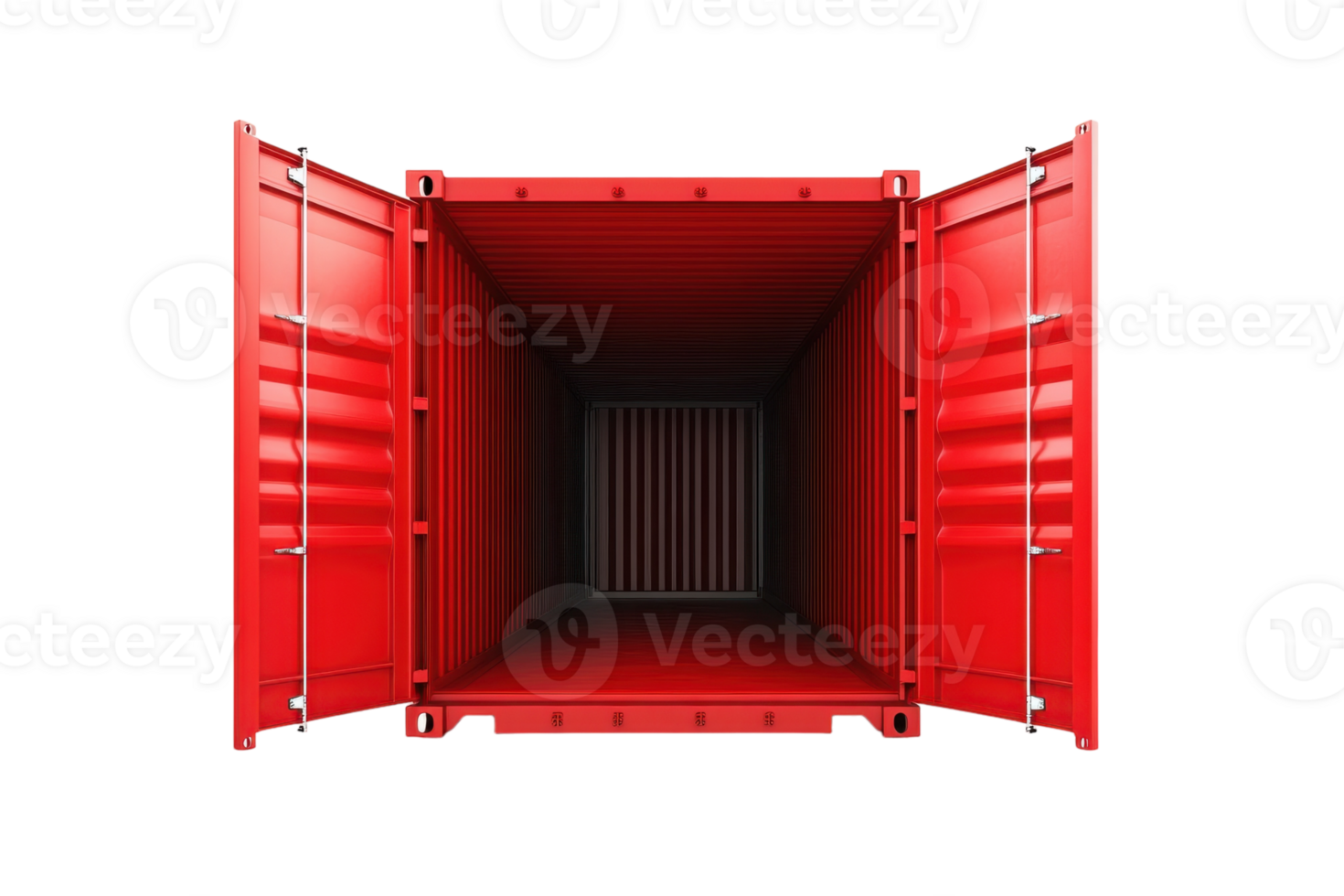 Exploring the interior of a red shipping container showcasing its empty space and design features png