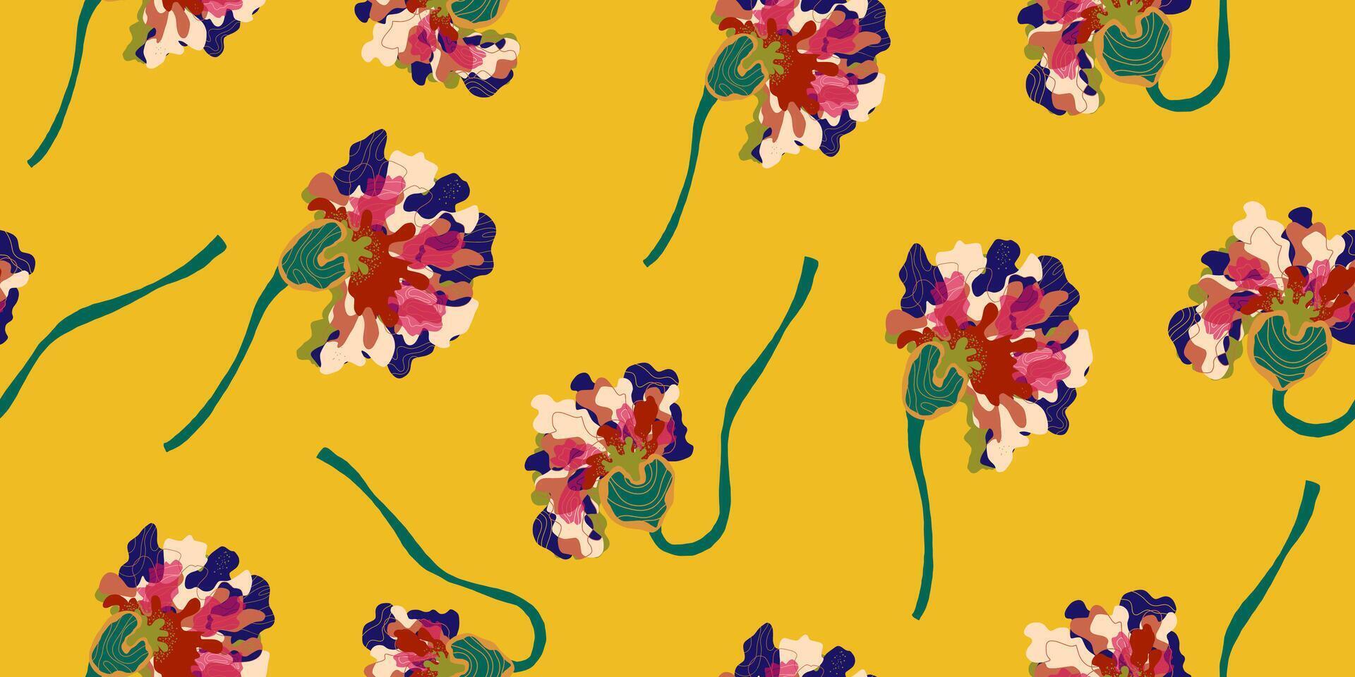 a pattern with colorful flowers on a yellow background vector