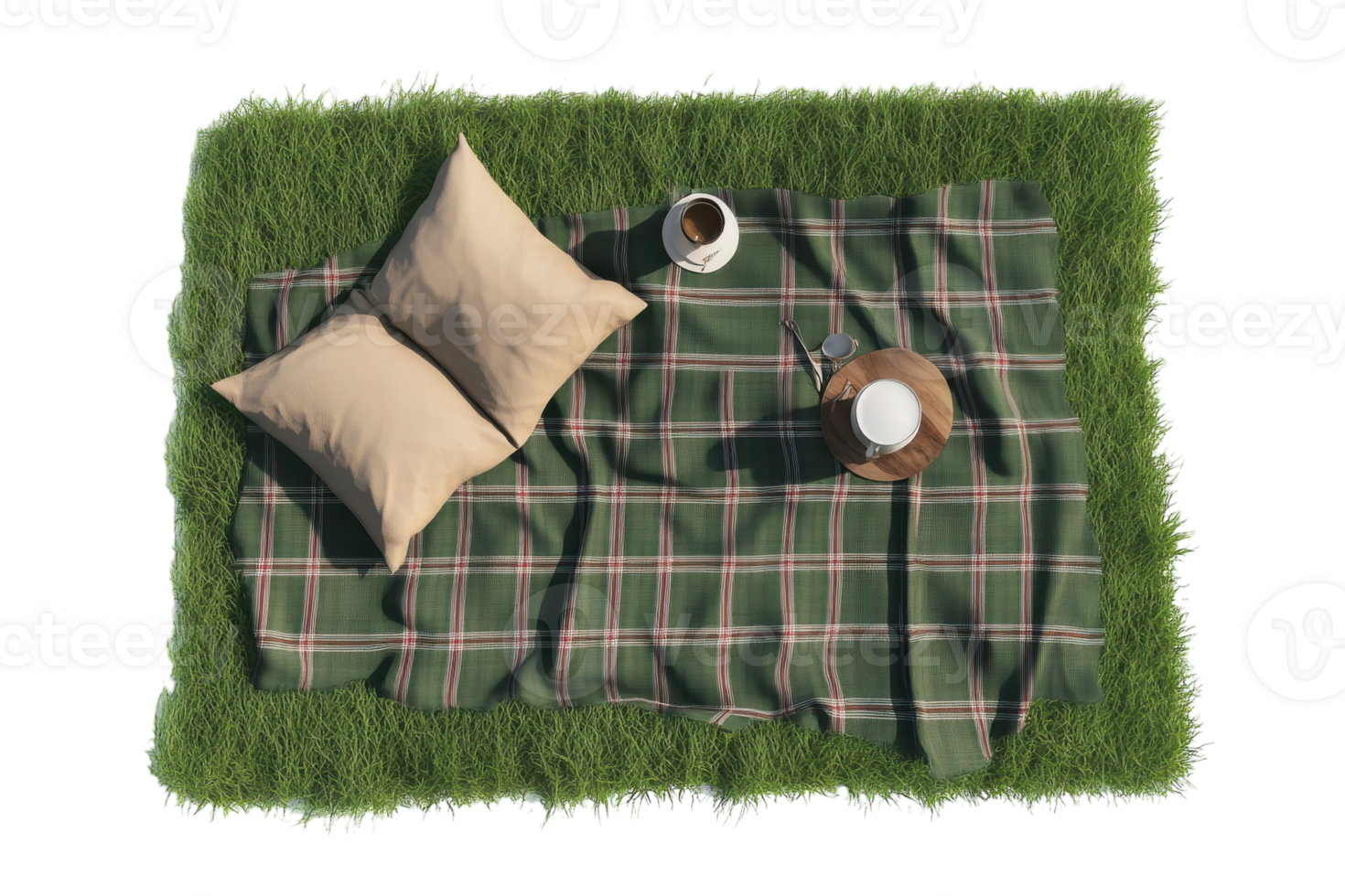 Cozy picnic setup with cushions and beverages on a grassy surface in a tranquil outdoor setting png