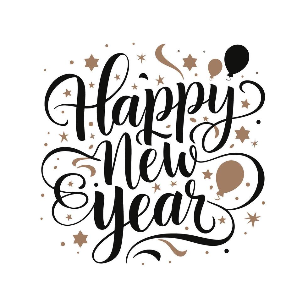Happy new year lettering design with balloons and stars vector