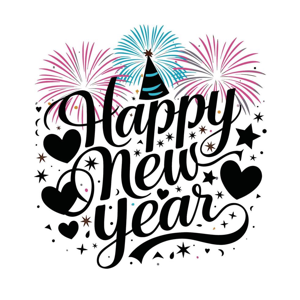 Happy new year lettering with fireworks and hearts vector