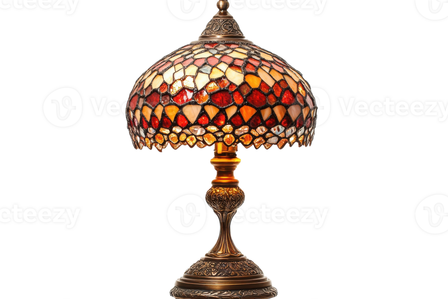 Elegant stained glass lamp with intricate design and warm tones on display in stylish interior png