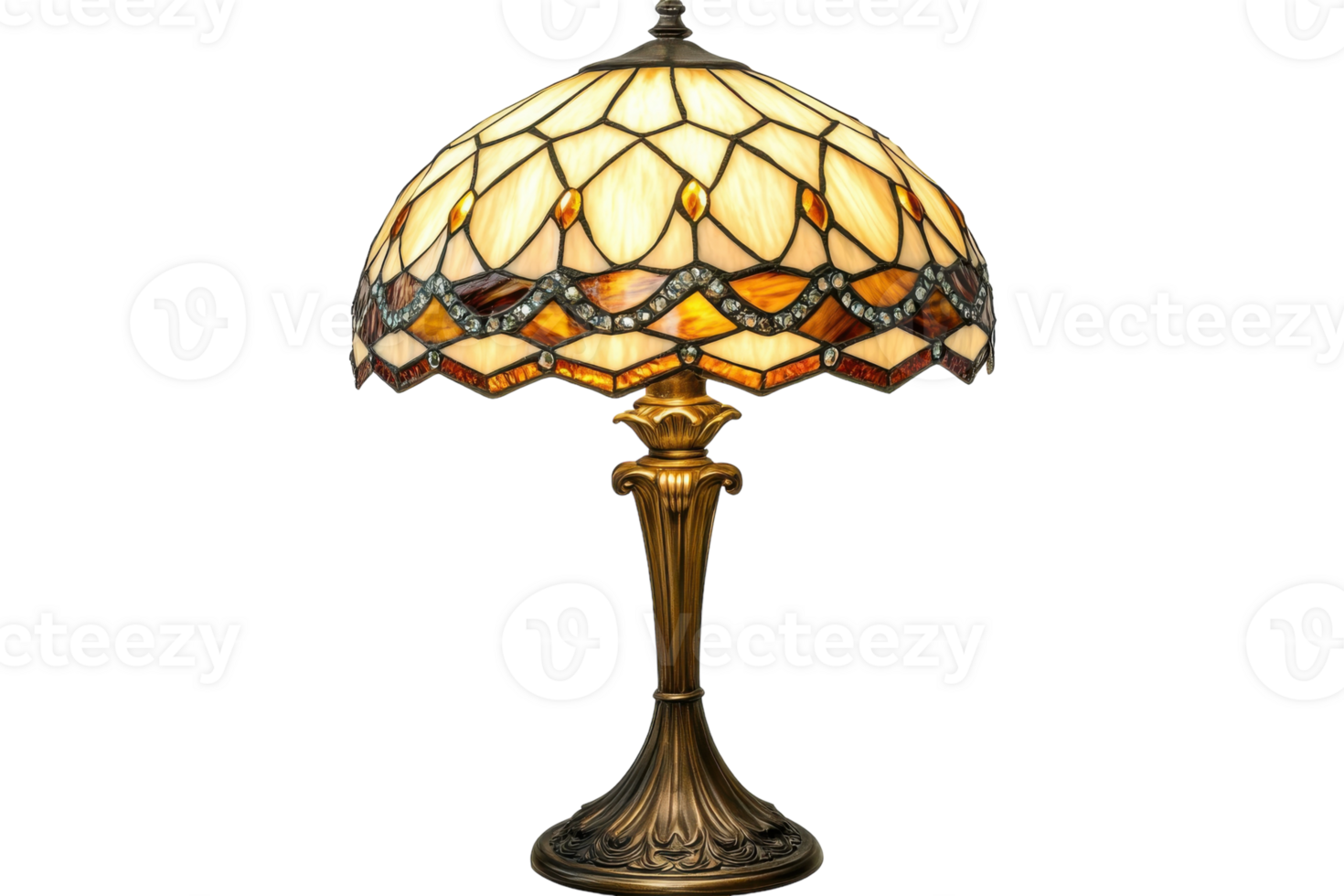 Classic stained glass lamp with intricate design illuminating a cozy living space png