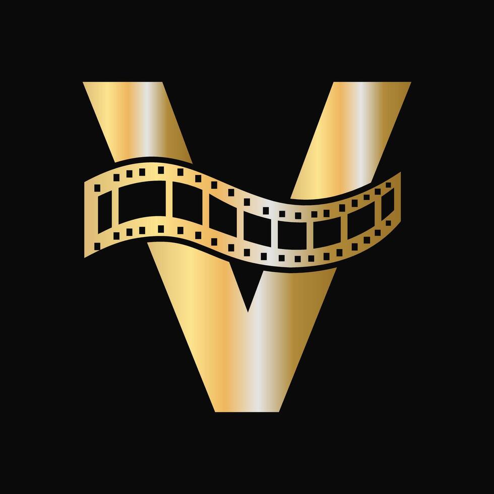 Letter V with Films Roll Symbol. Strip Film Logo For Movie Sign and Entertainment Concept vector