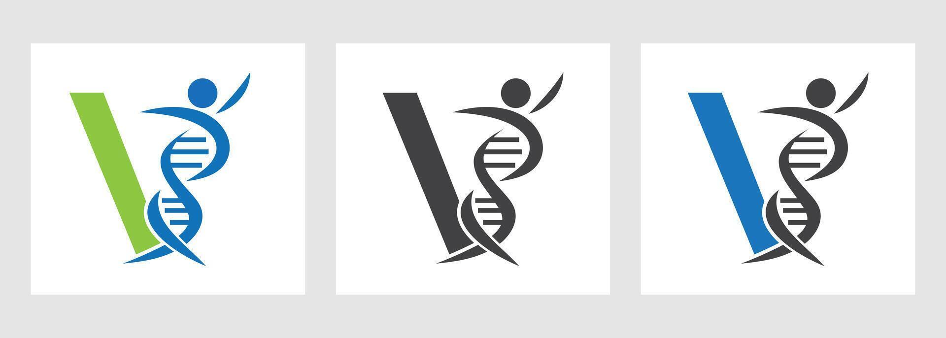 Letter V DNA Logo With Human Symbol. DNA Cell Icon. Health Care Sign vector