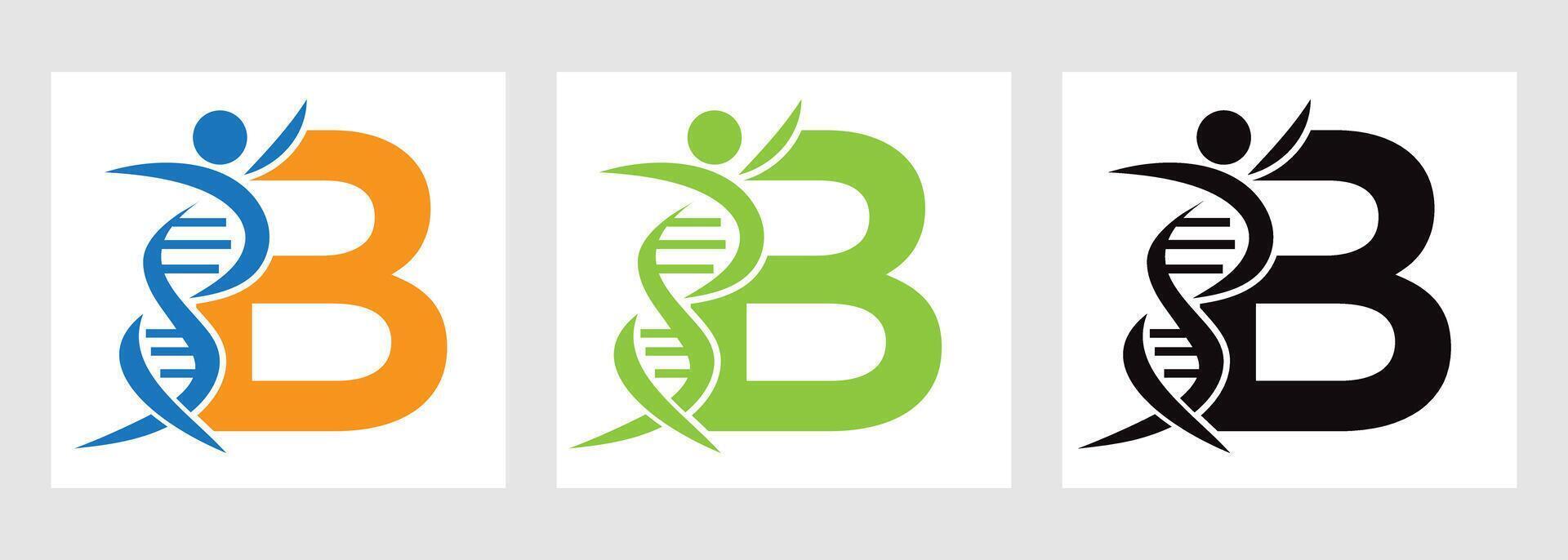 Letter B DNA Logo With Human Symbol. DNA Cell Icon. Health Care Sign vector