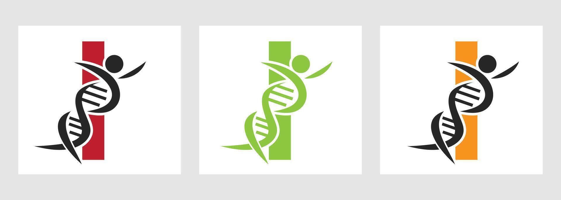 Letter I DNA Logo With Human Symbol. DNA Cell Icon. Health Care Sign vector