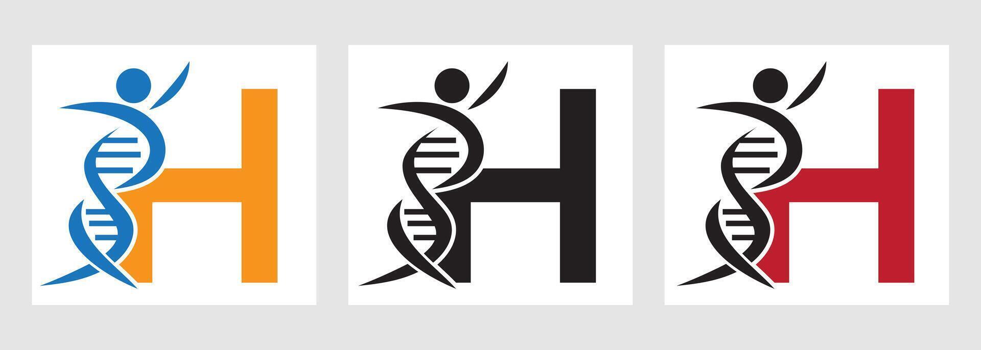 Letter H DNA Logo With Human Symbol. DNA Cell Icon. Health Care Sign vector