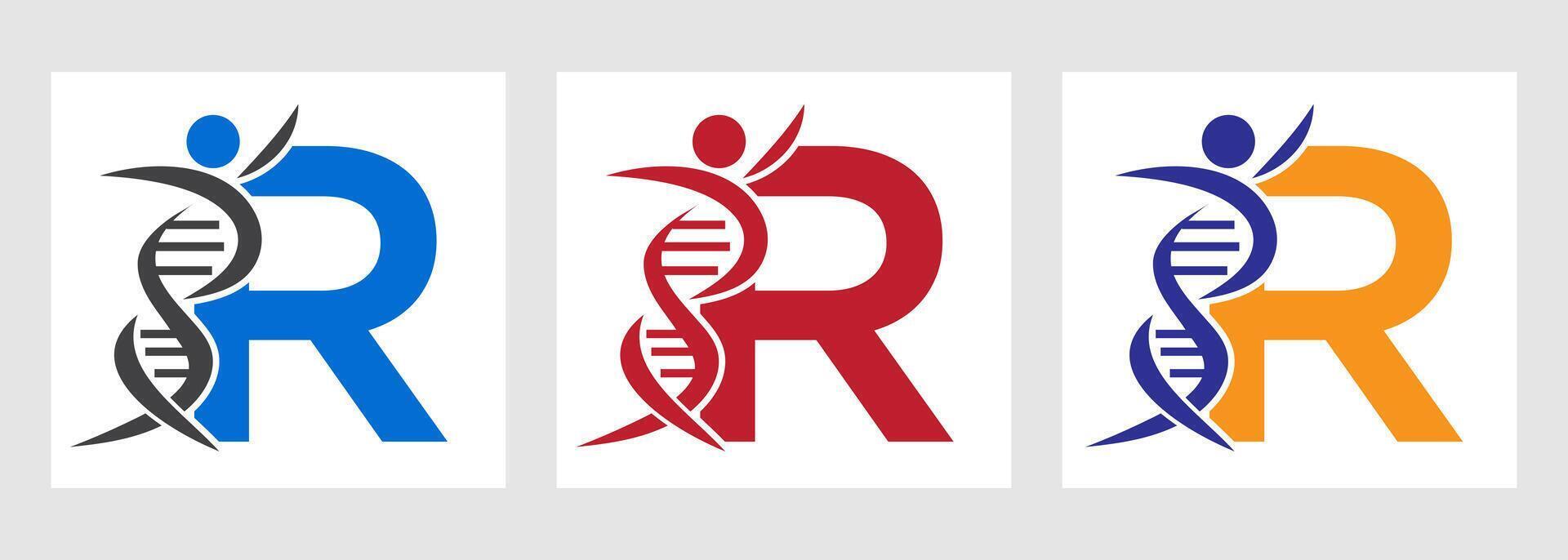 Letter R DNA Logo With Human Symbol. DNA Cell Icon. Health Care Sign vector