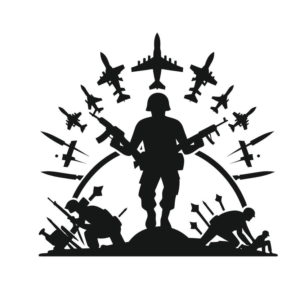 A silhouette of a soldier with guns and planes vector