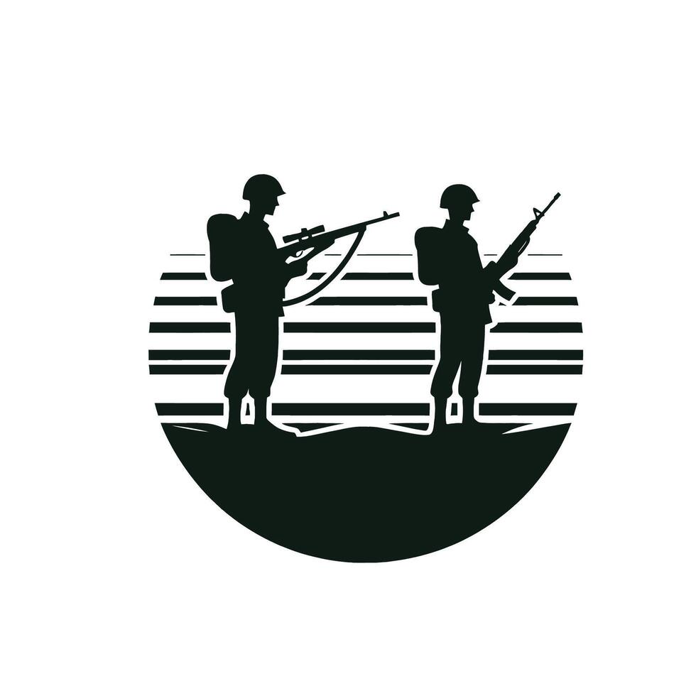 Two soldiers standing in front of a mountain with a rifle vector