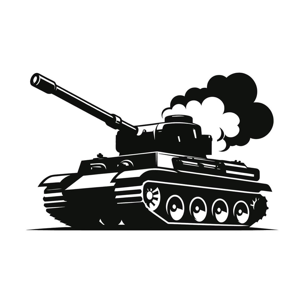 A black and white image of a tank with smoke coming out vector
