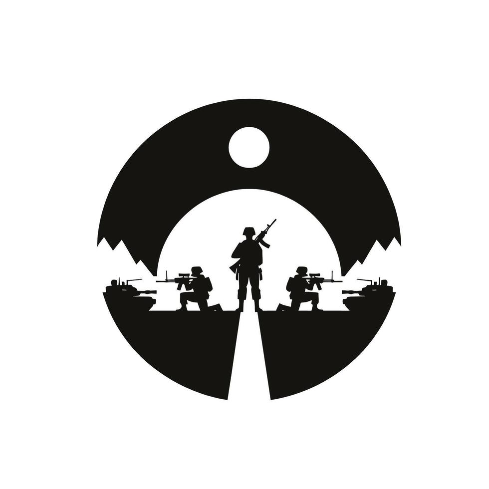 A silhouette of soldiers with tanks and guns vector