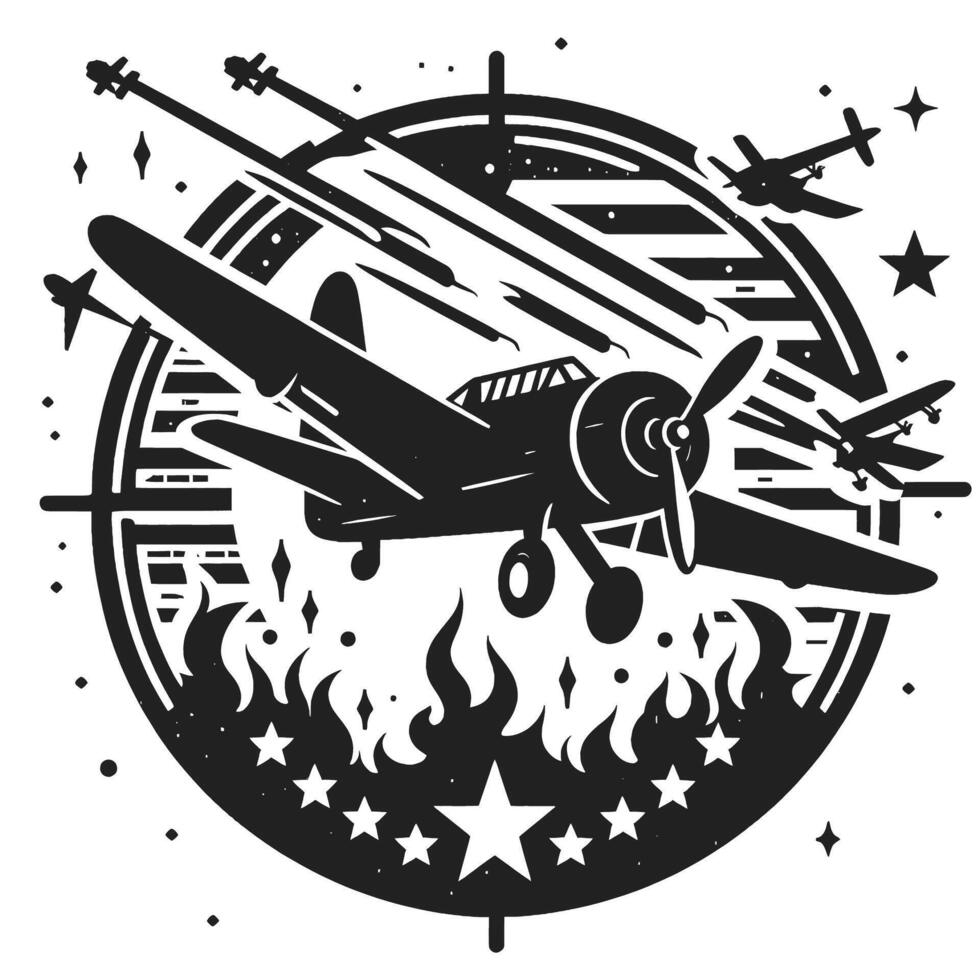 A black and white image of a plane flying through the sky vector