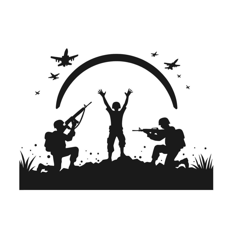Soldiers with guns and planes in the background vector