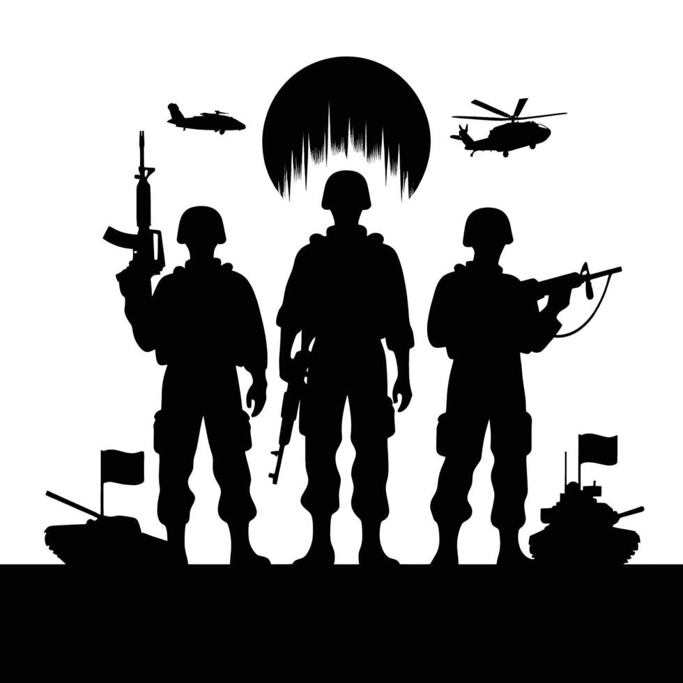 Silhouettes of soldiers with guns and helicopters vector