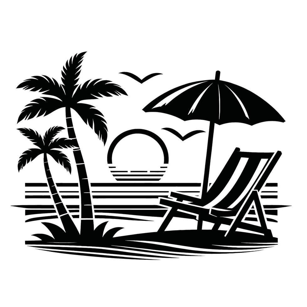 A beach scene with a chair and umbrella vector