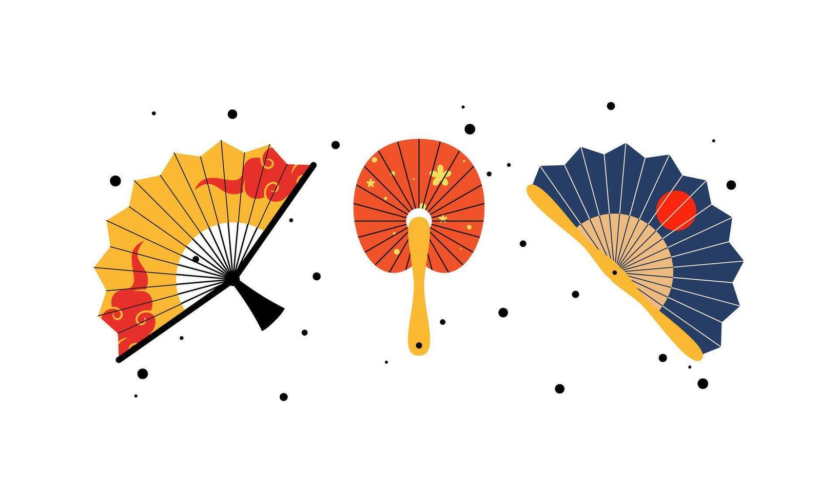 Paper Handled Fans with Different Shapes Design. Cartoon Traditional Chinese or Japanese Accessories. vector