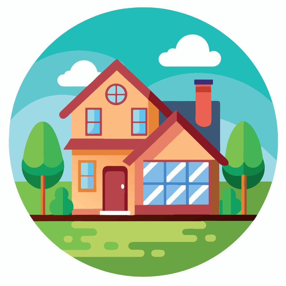 Home With trees, clouds and sky Art Illustration vector