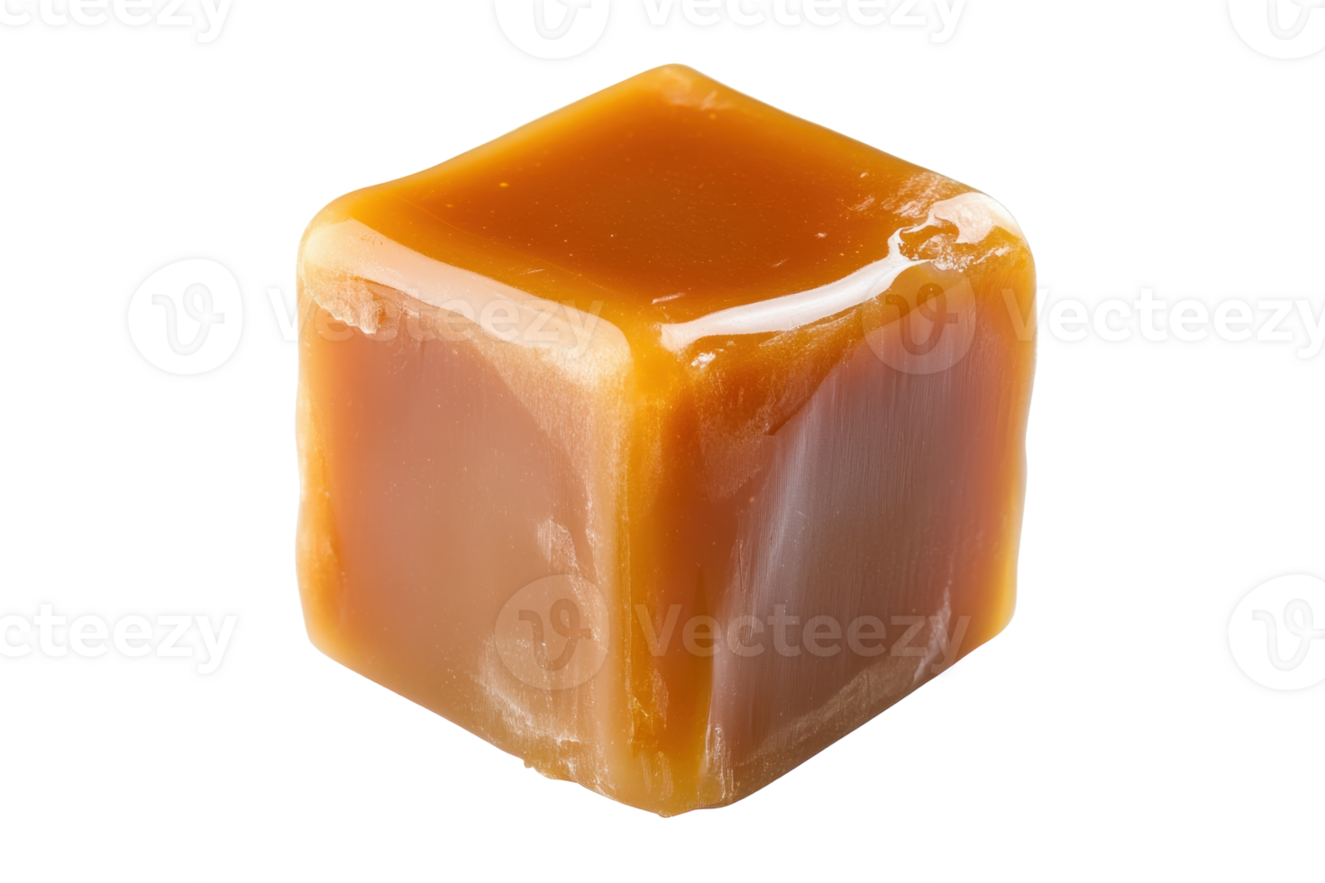 Freshly made caramel cube glistening under soft lighting, showcasing its rich, golden color png