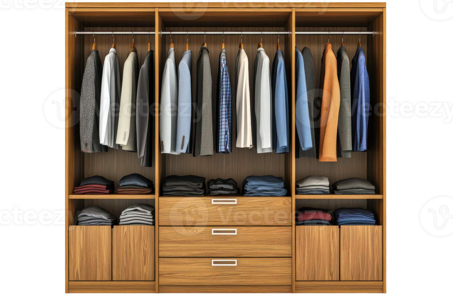 Organized wooden closet with hanging clothes and neatly folded garments in a modern bedroom png