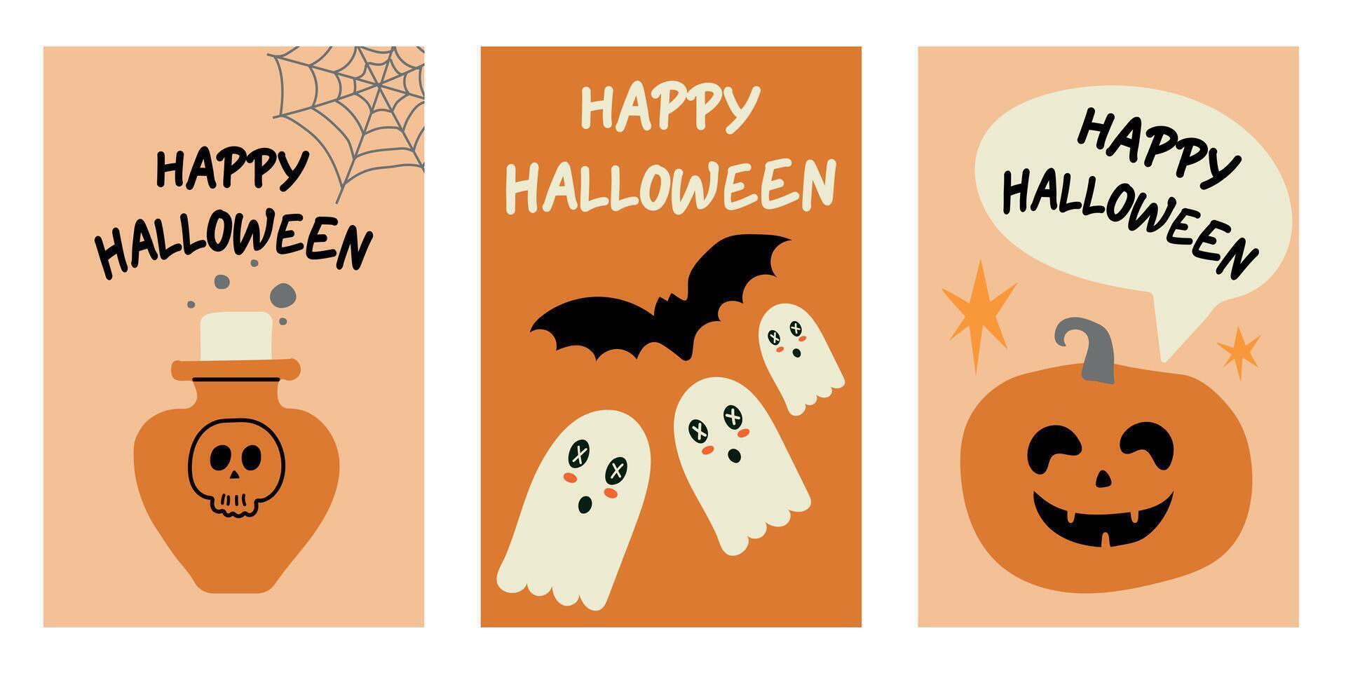 Set of trendy Halloween posters. Flat style and funny characters. Cute poster set for postcard,banner, flyer. vector