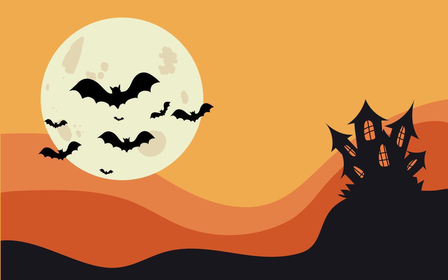 Halloween background of a full moon night. Halloween party card template - spooky castle, black bats, full moon with orange background illustration.Halloween party invitation banner, greeting vector