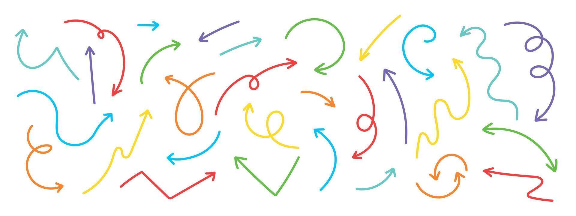 Set of colored arrows drawn by hand. Arrow crayon pastel pencil chalk color line stroke. Kid fun arrow icon. vector