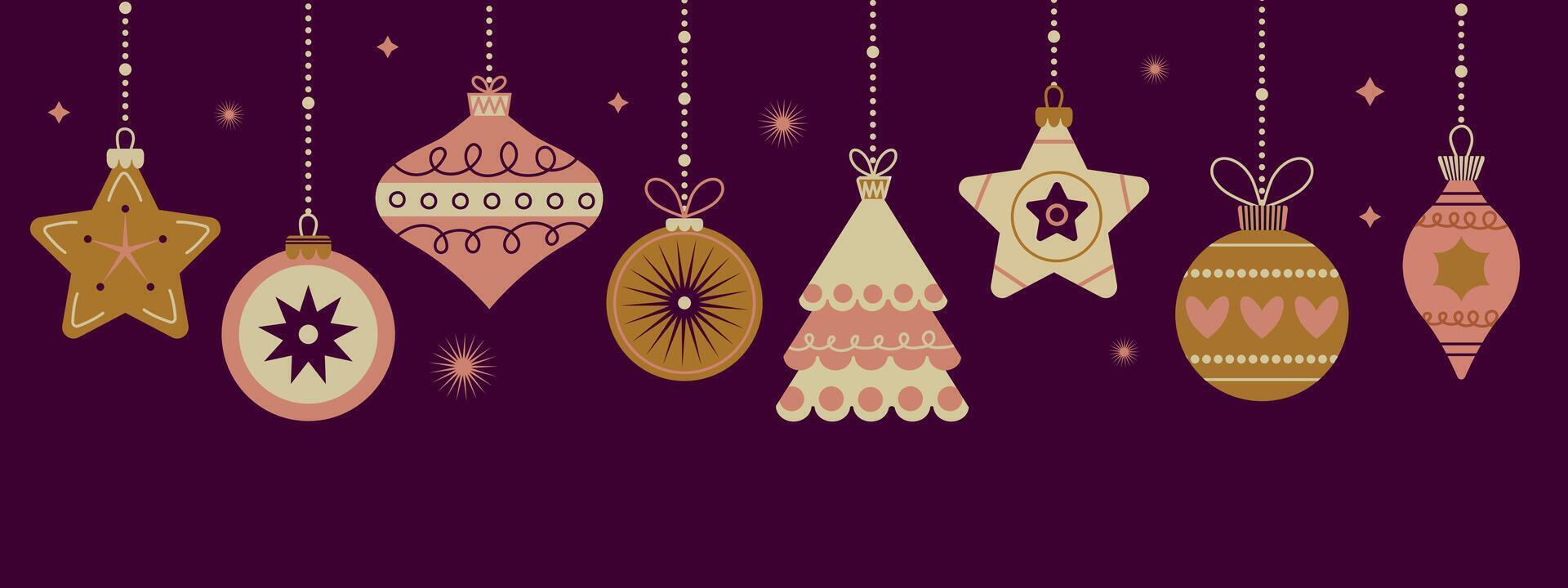 Set of Christmas tree ornaments isolated. Set of hand drawn christmas baubles. Xmas isolated cozy hand drawn decor elements for decoration Christmas tree on dark background. vector