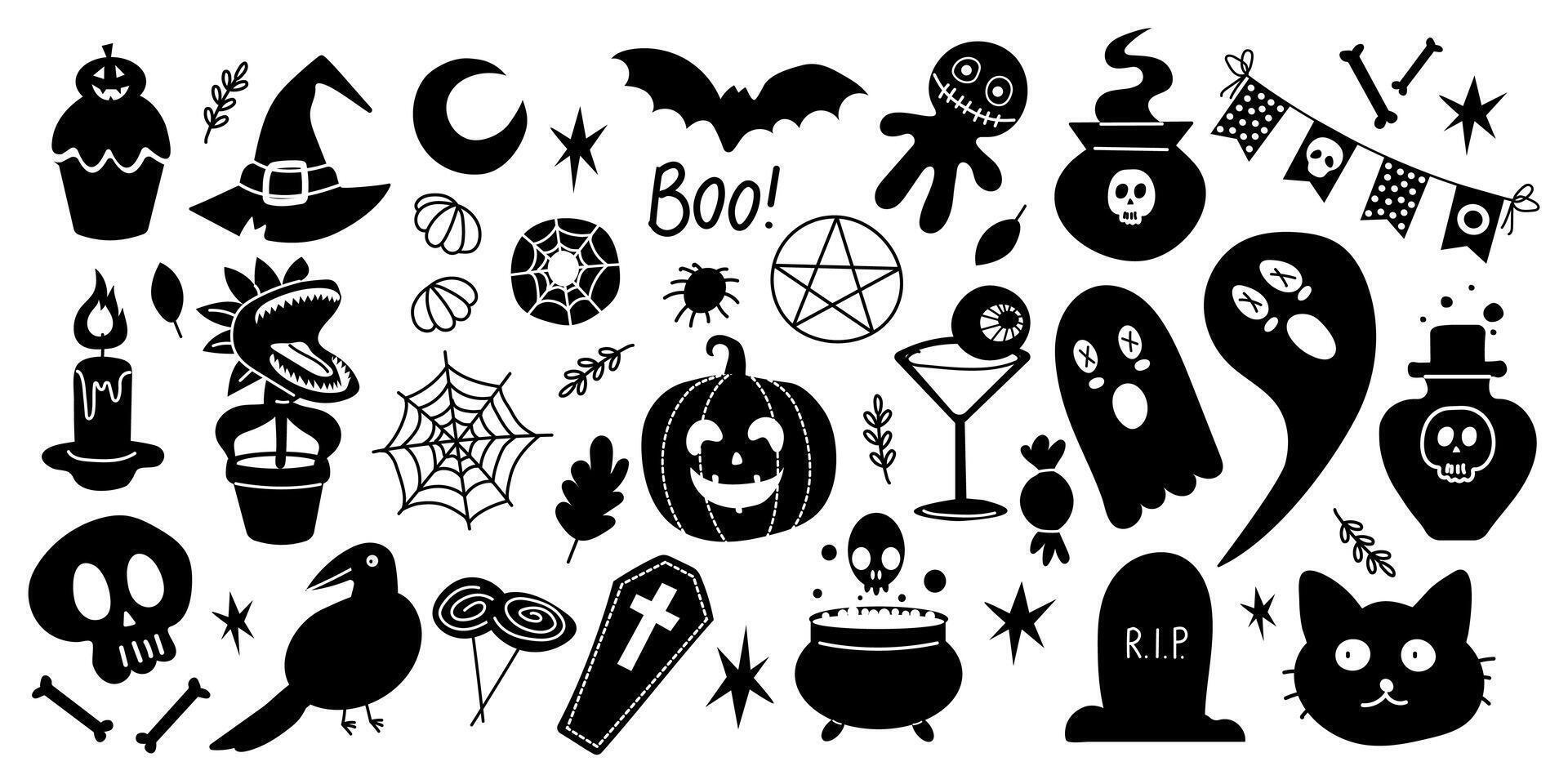 Collection of silhouettes of Halloween. Horror set of Halloween sticker sketch set. Hand drawn doodle. Ghost, candle, spider, raven, bat, pumpkin, skeleton. For scrapbooking, sticker, card, poster. vector