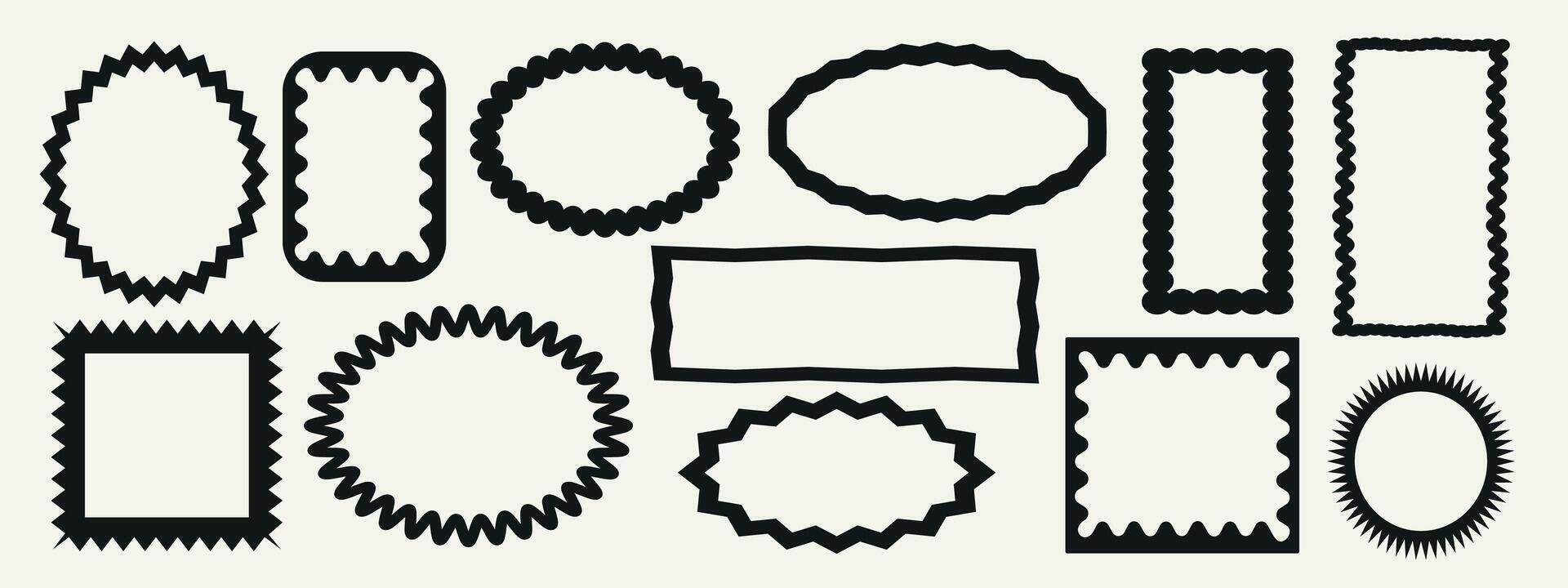 Set of squiggle frames. Groovy shapes set of wave borders. Zigzag wavy edges, retro frames, psychedelic rectangles, photo frames, text boxes, tags, labels. vector