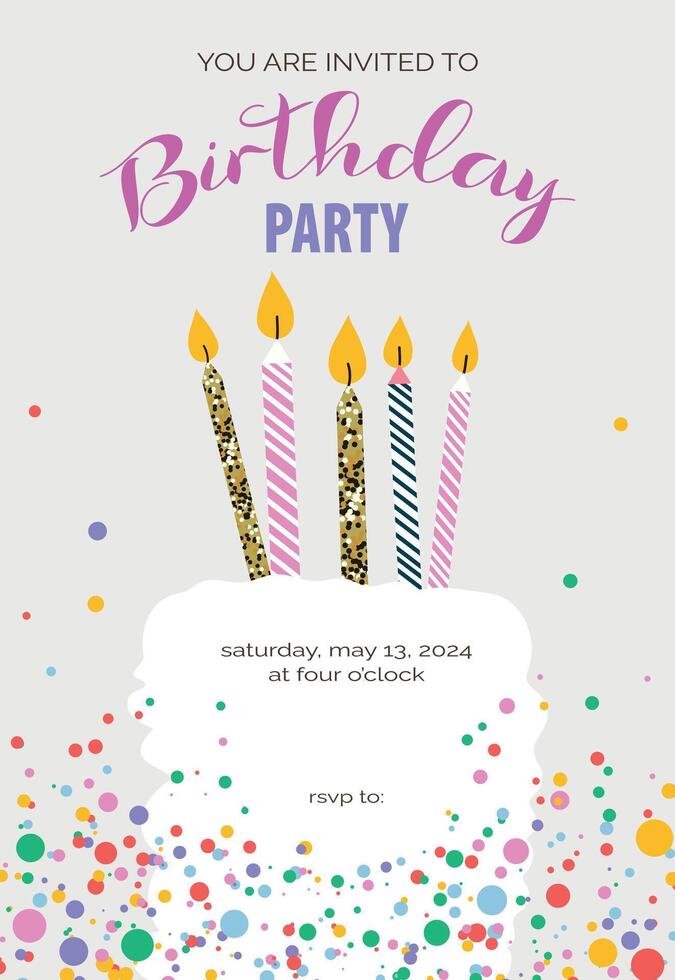 Birthday invitation template with cake and candles. Flyer, booklet, leaflet concept with flat illustrations. Page cartoon layout for magazine. Anniversary celebration invitation with text. vector