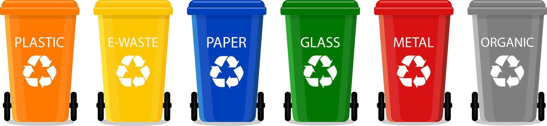 Containers for sorting garbage of different colors with a recycling icon. vector