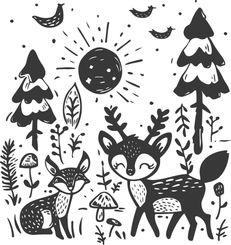 Hand drawn illustration of cute forest animals vector